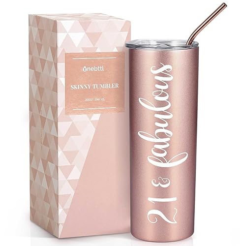 Onebttl 21st Birthday Gifts for Women, Girl, Her - 21 and Fabulous -20oz/590ml Stainless Steel Insulated Tumbler with Straw, Lid, Message Card - (Rose Gold) - Rose Gold