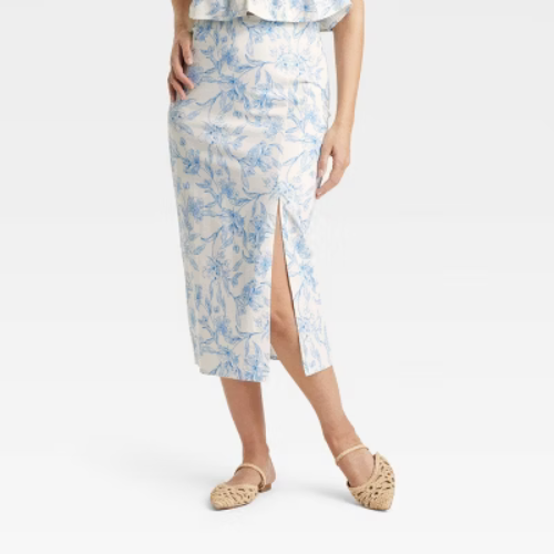 Women's Garden Party Midi A-Line Skirt - A New Day™ Cream/Blue Floral 6