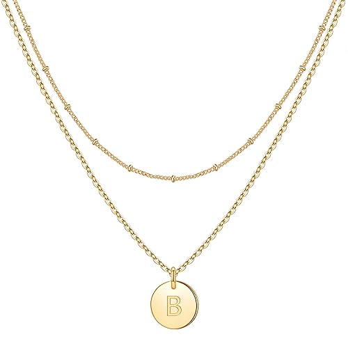 IEFWELL Easter Girl Kids Gifts - Initial Necklaces for Women Girls, Gold Silver Rose Gold Double Side Engraved Hammered Coin Necklaces, Layered Necklace Jewelry Pendant for Teen Girls - 14"+2"/16"+2" - B - Gold