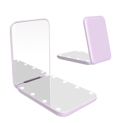 wobsion Small Mirror with Lights,LED Compact Makeup Mirror,1x/3x Mini Travel Mirror with Magnification,Portable Hand Held Mirror for Purse,Pocket,Gifts for Girls,Purple - Purple