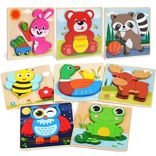 BenBen Wooden Puzzles for Toddlers 1-3, 8 Pack Animal Puzzles for Toddlers 2-4, Montessori Toys for 1 2 3 Year Old Boys Girls, Learning Educational Preschool Toys