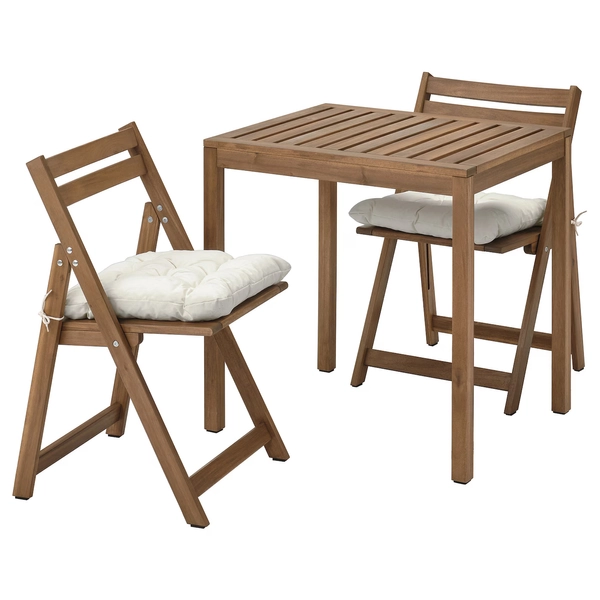 NÄMMARÖ Table and 2 folding chairs, outdoor - light brown stained/Kuddarna light grey-beige 29 1/2x24 3/4 "