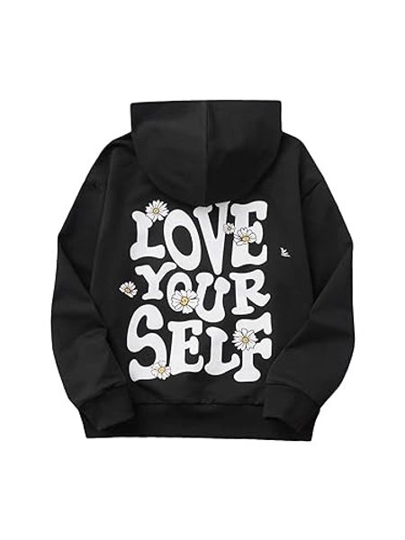 COZYEASE Girls' Letter Graphic Print Cute Hoodies Long Sleeve Pullover Hoodie Sweatshirt - 10 Years - Black
