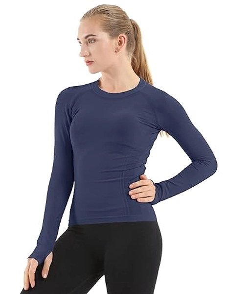 MathCat Seamless Workout Shirts for Women Long Sleeve Yoga Tops Sports Running Shirt Breathable Athletic Top Slim Fit - X-Small - Navy