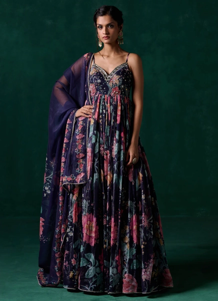 Navy Blue Multicolor Floral Printed Anarkali | Default Title