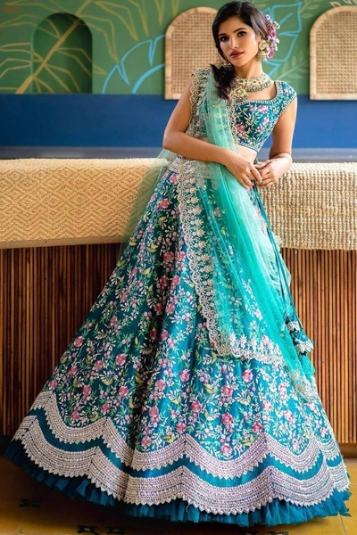 Blue Malay Satin Silk Embroidered Lehenga