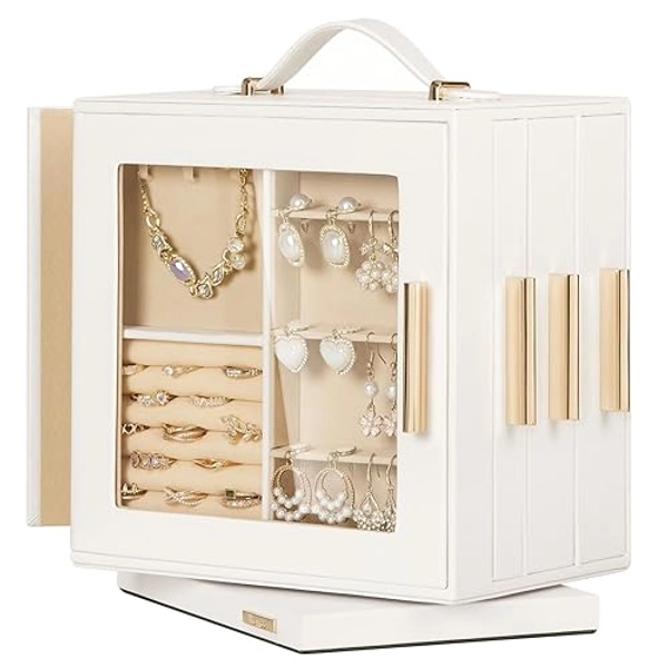 Homde Jewelry Box 360° Rotating, Necklace Earring Organizer with Transparent Window, Mirror, 7 Drawers, Large Ring Display Storage Case for Girls Women (White) - White
