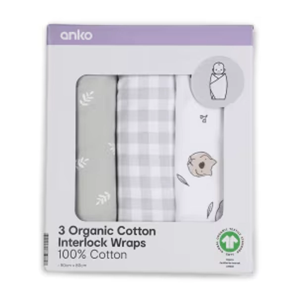 3 Pack Organic Cotton Interlock Wraps - Australiana
