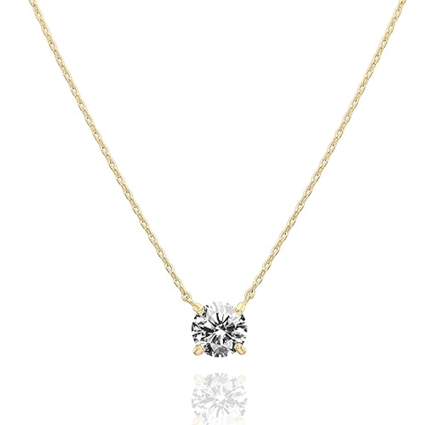 PAVOI 14K Gold Plated Crystal Solitaire 1.5 Carat (7.3mm) Cubic Zirconia Dainty Choker Necklace | Gold Necklaces for Women - Yellow Gold - 14k gold plated