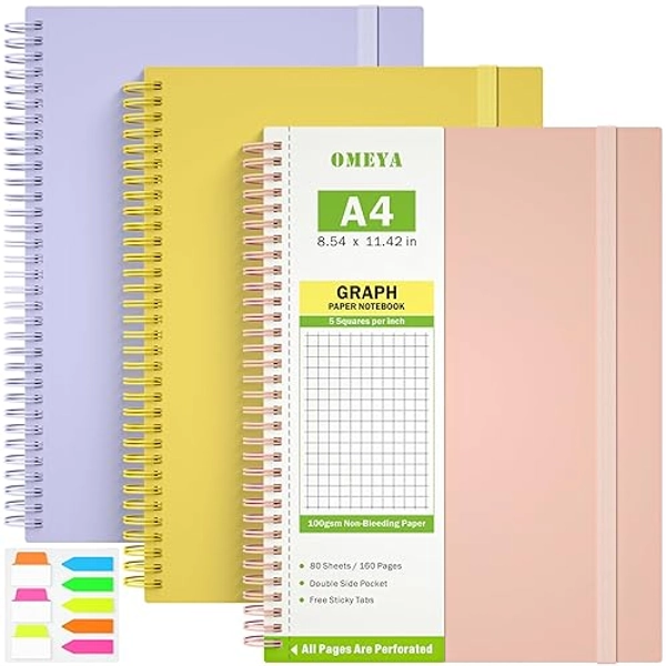 3 Pack Graph Paper Notebook 8.5" x 11", 1 Subject Spiral Notebook Journal with Pockets, Large Grid Notebook, 480 Perforated Pages 100gsm Thick Grid Paper, Cute Notebook for School Supplies Office - A4 - 3 Pack-Graph
