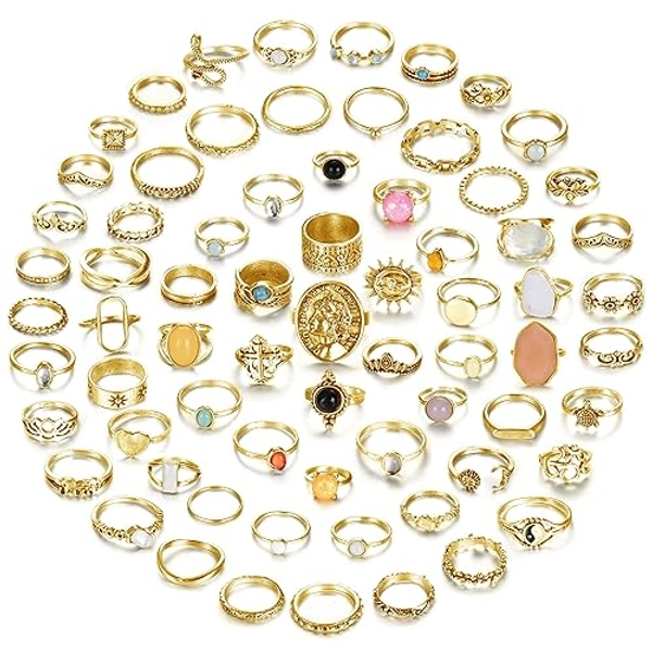 Subiceto 70 Pcs Vintage Crystal Ring Set Silver Knuckle Rings for Women Bohemian Stackable Joint Rings Retro Boho Stacking Joint Finger Rings Pack - Gold