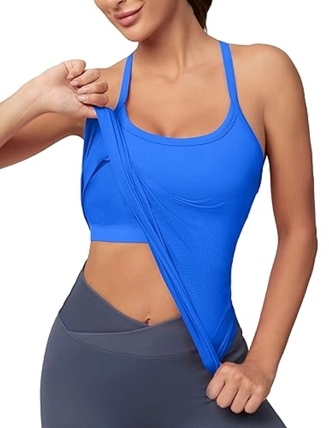 MathCat Workout Tank Tops for Women with Built in Bra, Sleeveless Gym Tops Seamless Racerback Athletic Yoga Shirts - X-Small - Kleinblue