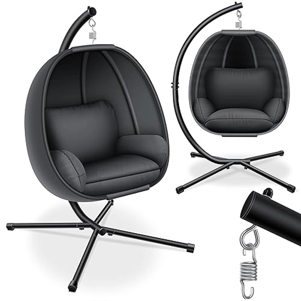 KESSER® Luxe Hängesessel mit Gestell + weicher Sitzkissen, Seitenpolsterung, Sitz- und Rückenkissen Hängekorb Indoor & Outdoor, Garten Schaukel Korb Hängestuhl Stabiler Standfuß, max. 150 kg Anthrazit - Anthrazit