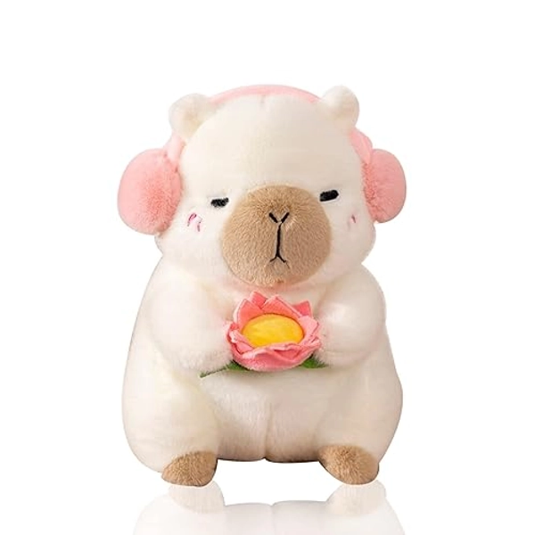 MBNKMEBU White Capybara Plush Toy Capybara Stuffed Animal with Pink Headphones and Rose, Capybara Plush Soft Capybara Plush Doll Pillow Home Birthday Decorations Gifts for Kids Girls and Boys 9.8in - 25cm - White
