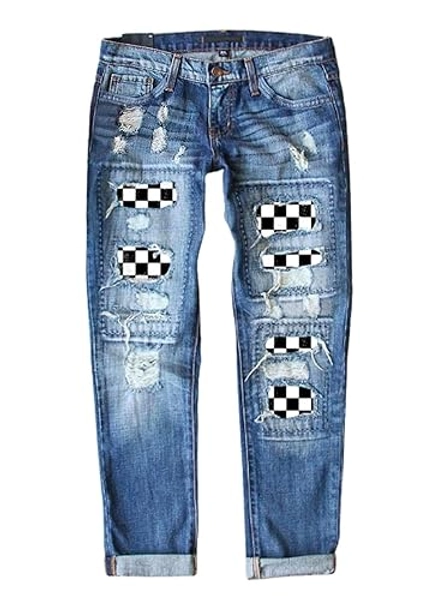 EVALESS Ripped Jeans for Women Plaid Patch Boyfriend Skinny Distressed Denim Jean Pants - Large - 03 Sky Blue