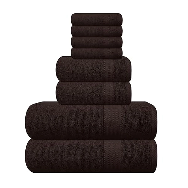 GLAMBURG Ultra Soft 8-Piece Towel Set - 100% Pure Ringspun Cotton, Contains 2 Oversized Bath Towels 27x54, 2 Hand Towels 16x28, 4 Wash Cloths 13x13 - Ideal for Everyday use - Chocolate Brown - 8 Piece Towel Set - Chocolate Brown