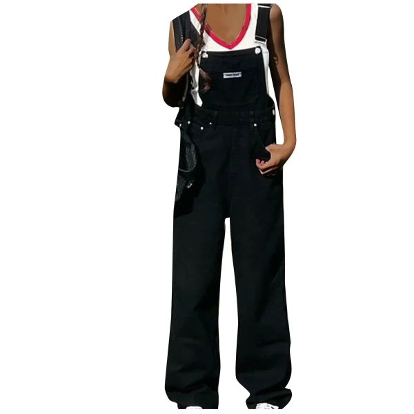 Virmaxy Denim Overalls For Women Summer Casual Pocket Romper Long Playsuit Strap Button Jumpsuit Overalls For Women Loose Fit Black S