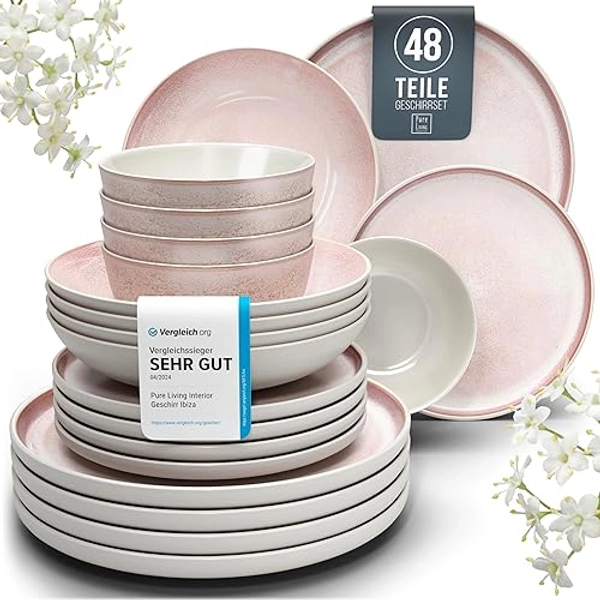 Steingut Geschirrset 12 Pers. Ibiza 48-tlg Hochwertiges Mediterranes TEST SEHR GUT Steingut Geschirr Set - Schüssel- und Teller Set - Tafelservice 12 Personen Geschirrsets Pure Living Beige und Rose - Rose - 48 Teile Set