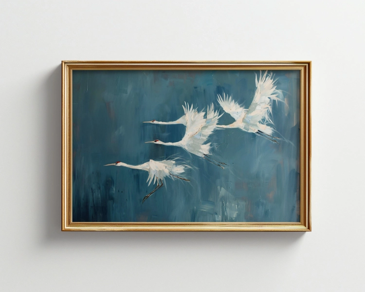 Printable cranes wall art | dark blue decor | Moody painting | Japanese wall art | minimalist decor | Digital download