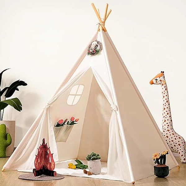 Sumbababy Teepee Tent for Kids with Carry Case, Natural Canvas Teepee Play Tent, Toys for Girls/Boys Indoor & Outdoor Playing (Teepee with lace Design) - white teepee tent