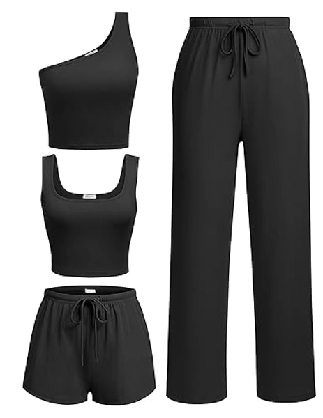 Ekouaer Womens 4 Piece Lounge Sets Ribbed Knit Crop Tank Top and Shorts Pants Casual Outfits - Large - Black