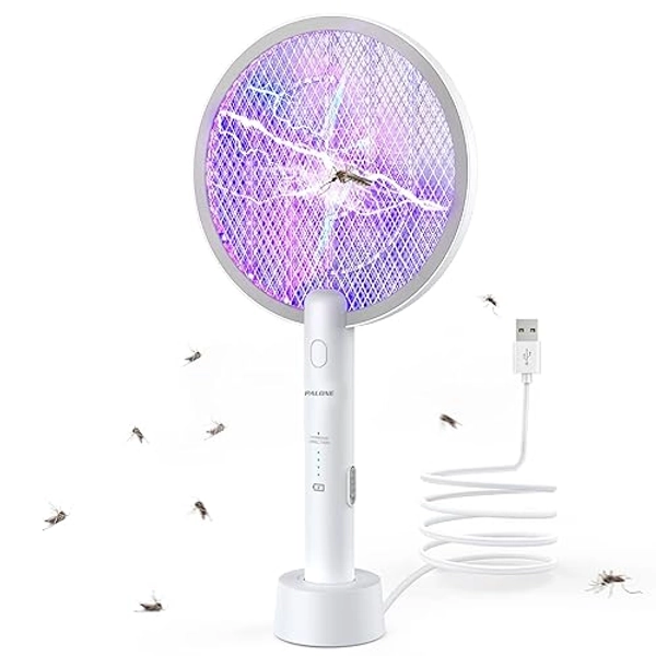 PALONE Elektrische Fliegenklatsche 2024 Aufgerüstet Insektenvernichter, 3000V Elektro Mückenklatsche UV Mückenlampe Mücken, 2 in 1 USB Elektrischer Fliegenfänger Insektenfalle mit Ladebasis - 1 stück (1er Pack) - Weiß 1 Stück