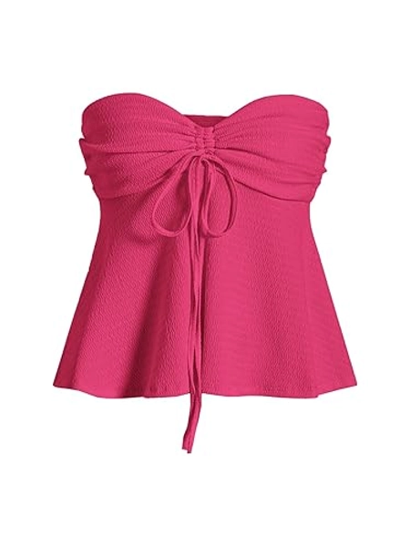 Milumia Women Tie Front Ruched Tube Top Strapless Flared Hem Peplum Bandeau Tops - X-Small - Hot Pink