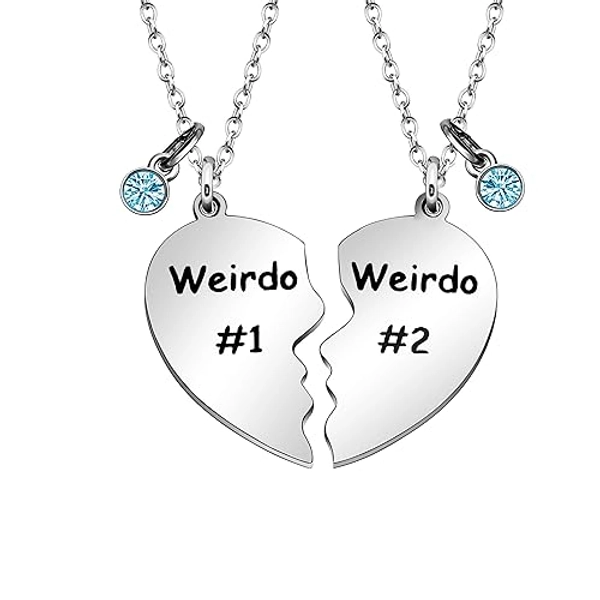 Maxforever Friendship Gift, Weirdo 1 Weirdo 2 Split Heart Pendant Necklaces BFF Gift for Best Friend - Blue Crystal