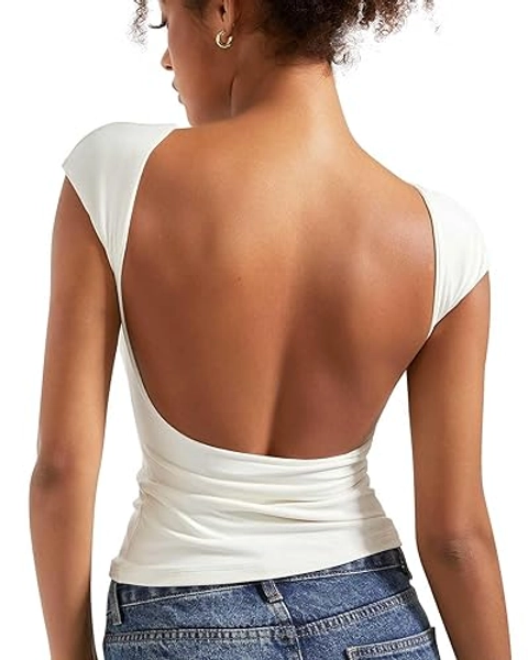 SUUKSESS Women Backless Sexy Going Out Tops Double Lined Open Back Y2k Basic Tee Shirts - Medium - Pearl
