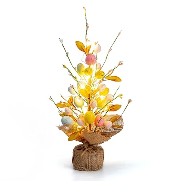VALERY MADELYN 38cm Ostereierbaum mit Licht, Bunte Eier Zweig Baum Dekorationen mit LED Lichtern und Timer Funktion, Osterdeko für Tischplatte Flur Fenster - L