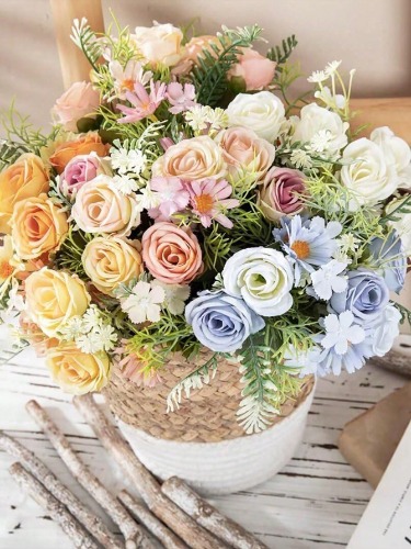 4pcs Mixed Color Artificial Hydrangea Rose Flowers Bouquets, 11.6in Artificial Silk Flowers Bouquets For Wedding, Home Table Decorations