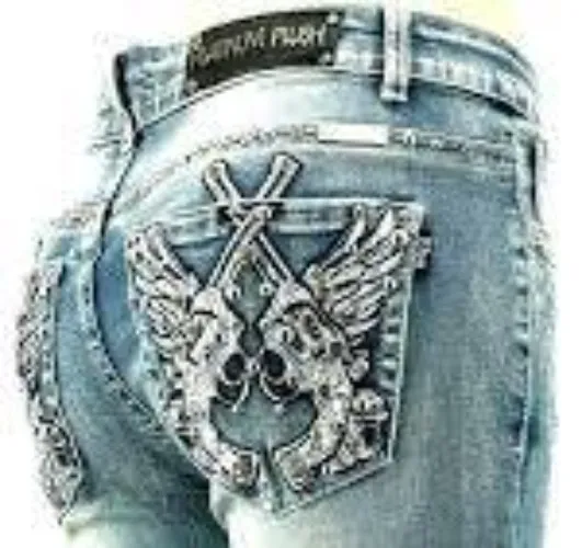 PLATINUM PLUSH RHINESTONE BLUE DENIM CROSS PISTOLS JEANS STYLE # 4045