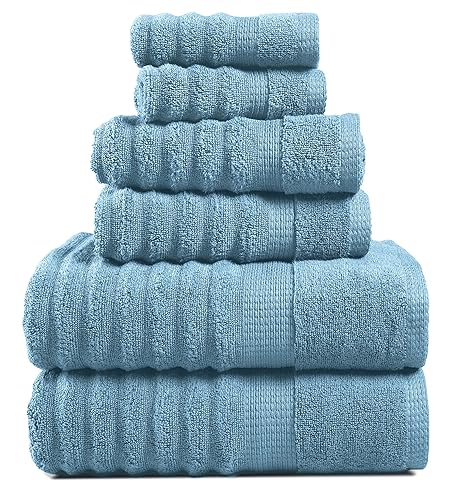 Ribbed Bath Towels - 100% Cotton Bathroom Towels Set, Zero Twist, Soft Towel Set, Quick Dry, Luxury Towels for Bathroom, 2 Bath Towels, 2 Hand Towels, 2 Wash Cloths - Blue (6 Piece Set) - 6 Piece Ribbed Towel Set - Blue