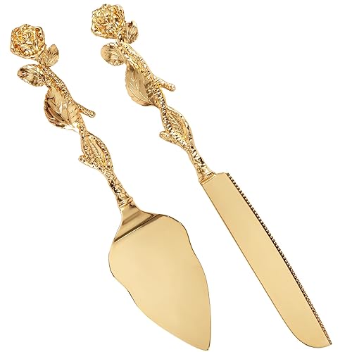 Cake Knife and Server Set, Gold Wedding Cake Cutting Set, Zinc Alloy Cake Pie Pastry Serving Set, Elegant Cake Cutting Serving Set, Pie Cutter Spatula Utensils for Birthday Anniversary Events Parties - Rose