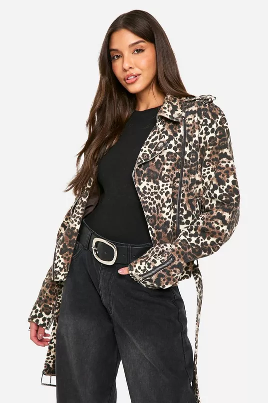 Leopard Print Denim Biker Jacket