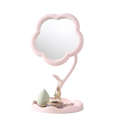 MHWL Vanity Makeup Mirror with Storage Tray - 360° Adjustable, Sunflower Design, HD Mirror - Desk & Room Decor for Aesthetic & Preppy Style, Dressing Table Mirror for Girls & Teens - Pink