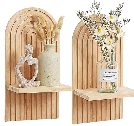Homtik Arched Wood Wall Shelf in Mid-Century Modern Boho Style, Set of 2 - Floating Shelves - Aesthetic Room Decor for Living Room, Bedroom, Bathroom, Nursery, Home Office, Apartment