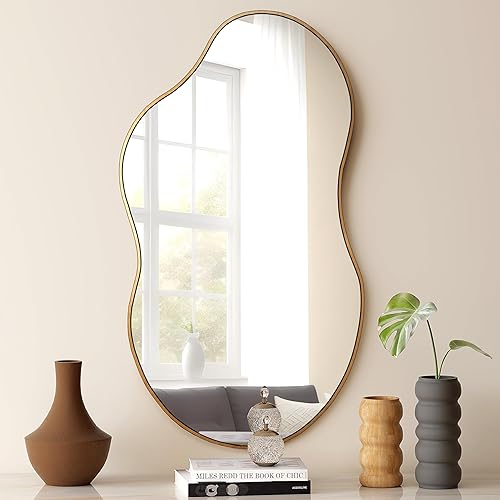 SHYFOY Irregular Mirrors for Wall Decor, 22"x36" Asymmetrical Wall Mirror Decorative Wavy Mirror for Living Room Bathroom Bedroom Entryway, Abstract Shape Curvy Mirror, Antique-Gold - Antique Brass - 91x55CM
