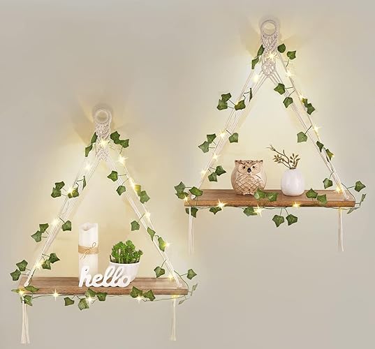 Mkono Artificial Ivy Macrame Hanging Shelves with Lights Set of 2 Boho Wall Decoration Display Plants Photos Wood Floating Storage Shelf for Bedroom Bathroom Living Room Nursery Dorm Kitchen, White - Ivory