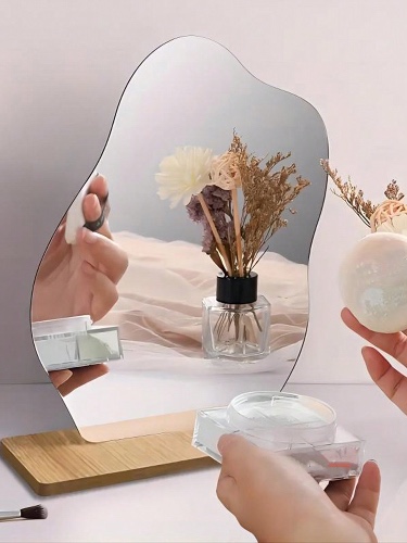1pc Asymmetrical Shaped Vanity Mirror With Wooden Base, Minimalist Tabletop Makeup Mirror, Photography Prop, Home Decor Best Gifts