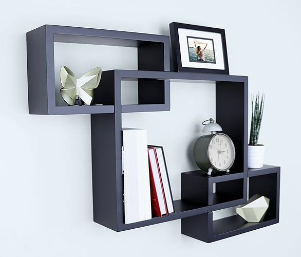 Ballucci Wooden Cube Floating Wall Shelves, Interlocking Wall Mount Box Shelves, Horizontal and Vertical Display Wall Shelf for Living Room, Bedroom, Black - Black