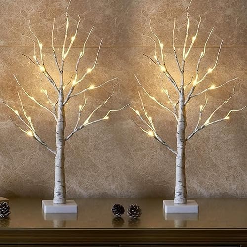 EAMBRITE Lighted Birch Tree for Christmas Decor, Table Decorations Indoor, 2 Pack 2FT Tabletop Tree Battery Operated/USB Mini Artificial Trees with 24 Warm White Lights for Home Centerpiece Mantel - 2 FT X 2