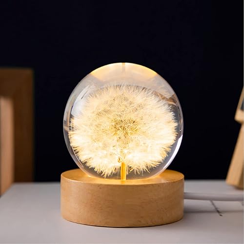 MARZIUS Flower Crystal Ball Night Light,6 cm Glass Ball Night Lamp with Woodern Base,Decorations Gifts for Men,Women,Kids,Boys,Girls,Teens (Dandelion) - Dandelion