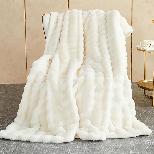 Soft Warm Faux Rabbit Fur Blanket Fluffy Blanket Thick 1000 G/M² Faux Fur Blanket Faux Fur Throw Blanket Bubble Blanket Cozy Blanket for Bed Sofa Bedroom Office (White, 39" x 63") - 39" x 63" - White