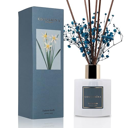Cocorrína Premium Reed Diffuser Set with Preserved Baby's Breath & Cotton Stick Cashmere Vanilla | 6.7oz Scent Fragrance Oil Diffuser for Bedroom Bathroom Home Décor - Cashmere Vanilla - Flower/6.7 Ounce/1pack
