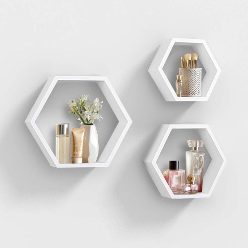 AHDECOR Wall Mounted Hexagon Floating Shelves, Wooden Wall Organizer Hanging Shelf for Home Decor, Set of 3, White - White