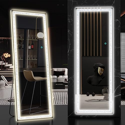 Biyatuos 63"x20" Full Length Floor Mirror Dimming Star Lights Bedroom Tall Full-Size Body Mirror Lighted Mirror, Free Standing Mirror, Wall Mounted Hanging Mirror, Dressing Mirror Touch Control - White(diamond Led) - 63L x 20W inches