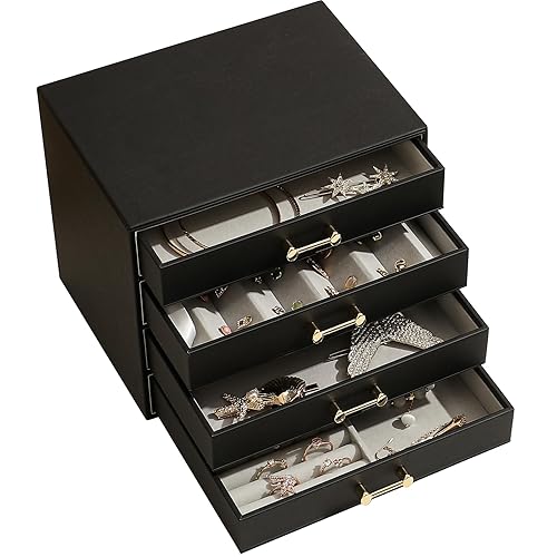 V-LAFUY Jewelry Organizer with 4 Drawers, Women Jewelry Box with 6 Jewelry Trays Stackable Jewelry Holder for Earrings Ring Bracelet Necklace, Black - 4 Drawers Black - 4 Drawers