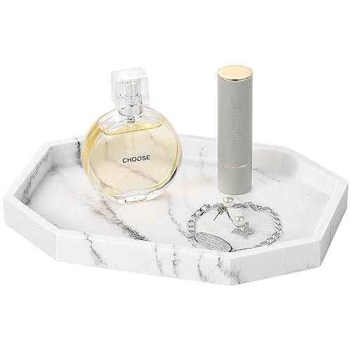 Shinowa 8" Small Octagon Bathroom Vanity Tray, Resin Decorative Perfume Tray Jewelry Ring Dish Tray,Vanity Tray for Bathroom Candle Perfume Soap Shampoo, Gravel White - 8" x 5.7" x 0.8" - Gravel White