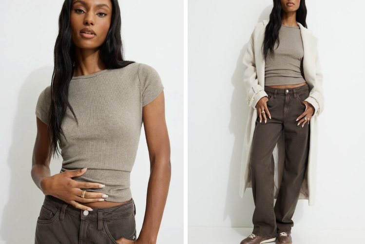Olive Ribbed Hip T Shirt Brown | Dynamite